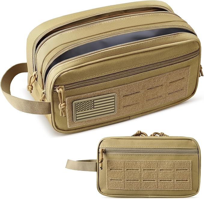 RXW EDC Toiletry Bag for Men, Tactical Dopp Kit, Molle Pouches Compact Travel Organizer for Shaving Shower, Hygiene, Grooming (Includes Dry/Wet Compartment & US Flag Patch)