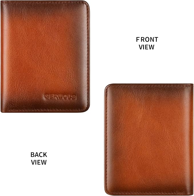 Bifold Slim Men Wallet Genuine Leather Thin, Small Vertical RFID Blocking Wallets for Men ，Compact & Stylish with Clear ID Windows (Brown)