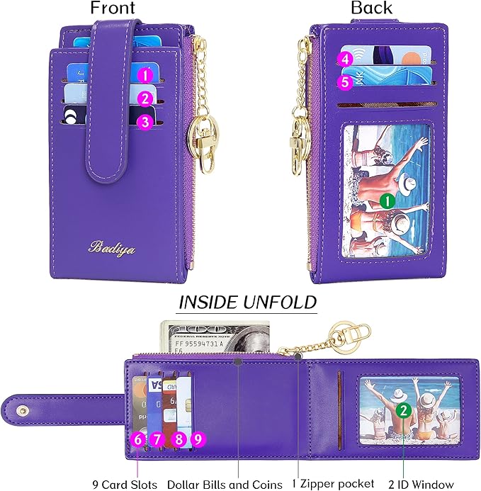 Badiya Slim Women Wallet RFID Blocking Bifold Compact 9 Card Slots Holder Wallets Soft Leather with Zipper Coin Pocket 2 ID Window