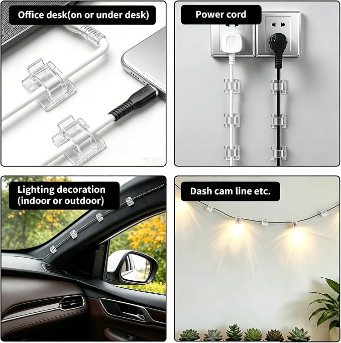 10 Pack Adhesive Cable Clips for Cord Management, Small Wire Holders for Desk Wall Car, Strong Sticky Cable Organizer for Phone Charger, USB, TV, Ethernet & More (10, Clear)
