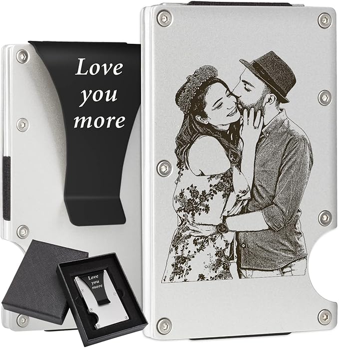 Awofer Men's Personalized Photo Wallets - Custom Picture Aluminum Card Holder Wallets with Money Clip Engraved Gifts for Husband, Boyfriend to Dad, Son, Groomsmen, Bestman