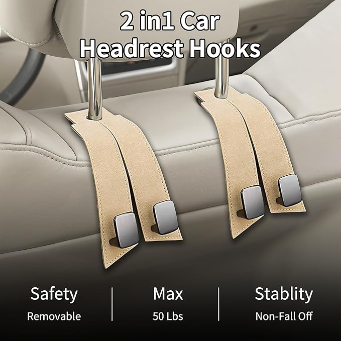 Vidonio Upgrade Seat Back Hooks, Suede Headrest Hooks & Phone Holder, Purse Hook for Car Organizers, Universal Hidden Multifunctional Hooks (Beige 2pcs)