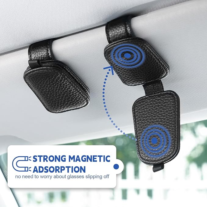 JUSTTOP 1Pack Sunglass Holder for Car, Magnetic Leather Buckle Sun Visor Sunglass Clip, Ticket Card Clip Sunglasses Mount, Car Interior Accessories for Men and Women (Black)