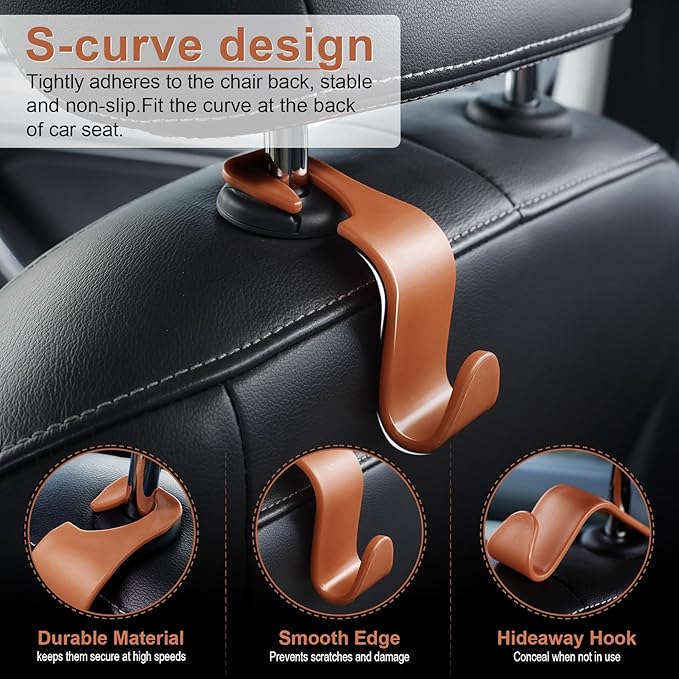 LivTee Car Seat Headrest Hook, Auto Seat Hook Hangers Organizer Interior Accessories for Purse Coats Umbrellas Grocery Bags Handbag, 4-Pack - Blown