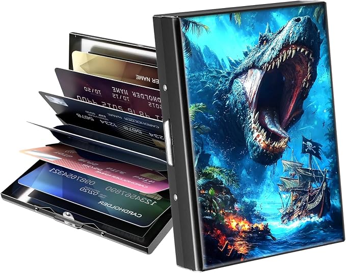 Metal Wallet,Credit Card Holder for Women Men,RFID Blocking Card Holder Mini Slim Aluminum Wallet ID Case Hard Case Business Card Holder Case,Blue Glitter Dinosaur