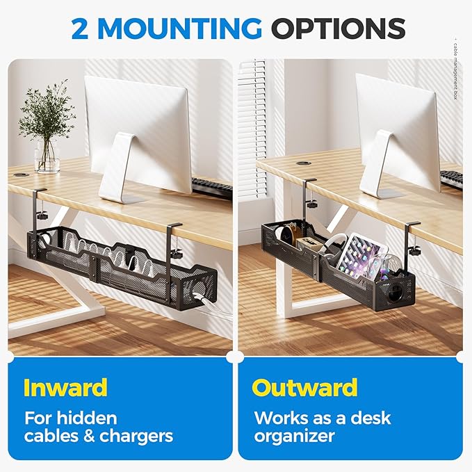 [Upgraded] Extra Large Under Desk Cable Management, Cinati 25" Wire Organizers No Drill, Cable Tray with Clamp for Wire Management, Cord Organization Box for Office, Home - No Damage to Desk(Black)