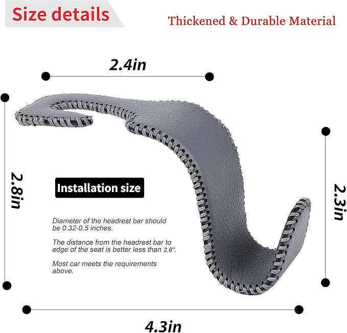 Amooca Car Seat Headrest Hook Universal Vehicle Storage Hanger Leather with Metal Car Seat Back Organizer for Handbag Purse Coat Grey 4 Pack