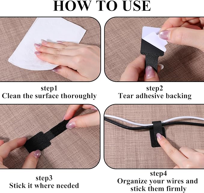cobee 60 Pcs Hook and Loop Cable Ties, Under Desk Cable Management Reusable Wire Organizer for Cords Adhesive Cables Clips Adjustable Sticky Cord Organizer for Home Office Desk(3 x 9cm, Black)