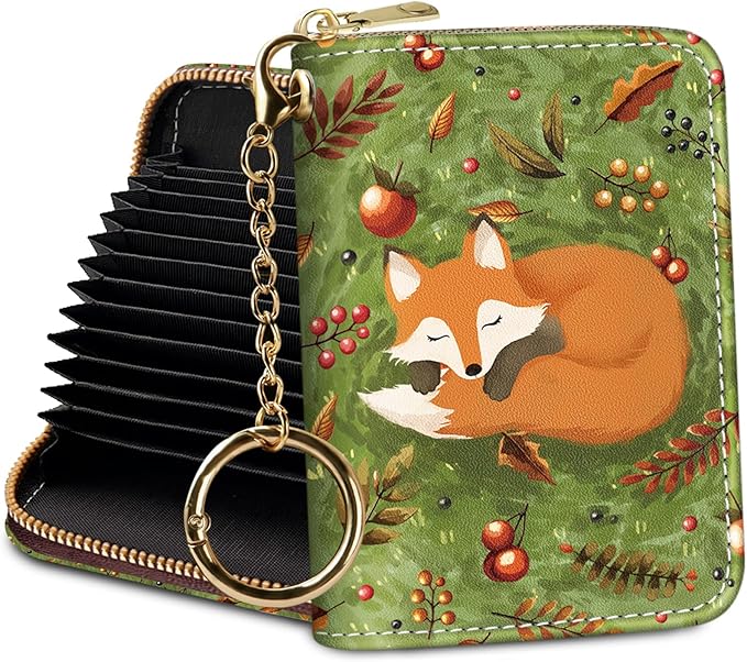 Credit Card Holder RFID Wallet, Small Card Holder Wallet for Women with Keychain Zipper, Funny Leather Print Credit Card Wallets Accordion Gift