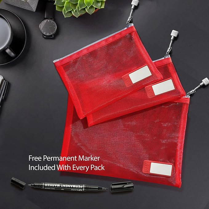 Set & Done Onama Flexi Mesh Zipper Pouch – Durable Clear Nylon Storage Bag with Name Tab for Makeup, Travel, Diaper Bag & Office Organizing