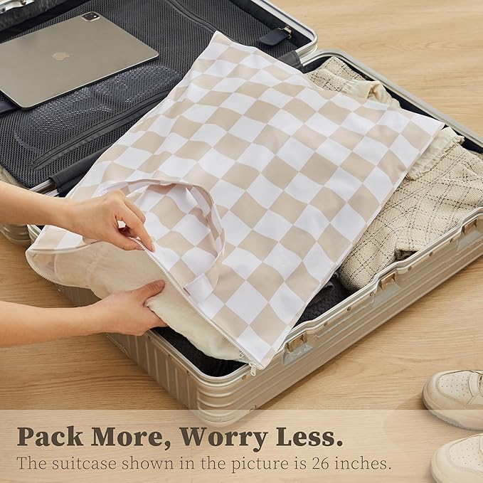 Ohocut Checkered 2 Pcs Large Travel Laundry Bags for Dirty Clothes, Aesthetic Trendy Waterproof Washable Laundry Bag with Handle for Travel, Gym, Swimming Pool, Beige