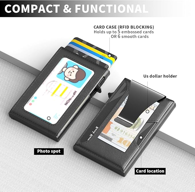 Wallet for Men Slim Minimalist Pop-up Smart Holds 5-6 Cards - RFID Blocking Metal with Money Clip, Credit Card Holder & ID Window,Business Card Cases, men accessories (Black)