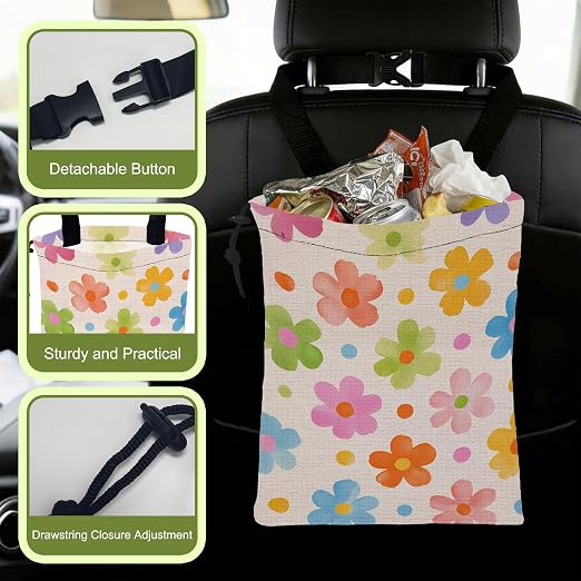 Car Trash Bag Retro Watercolor Flower Leak-Proof Waterproof Car Garbage Bag with Drawstring Foldable Canvas Trash Bin with Adjustable Buckle for Car Accessories, Travelling, Camping