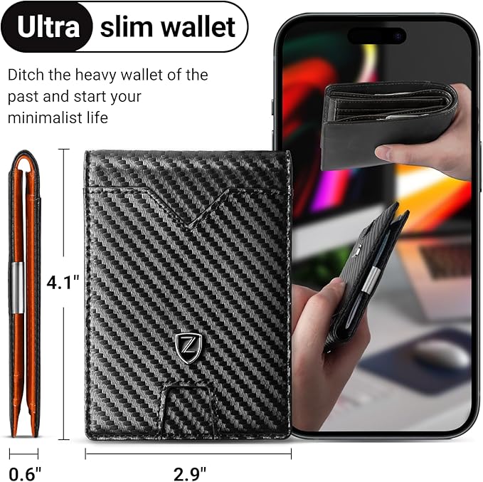 Zitahli Slim Wallet for Men with Money Clip, Minimalist Front Pocket RFID Blocking Leather Wallets Bifold Credit Card Holder, 11 Card Slots and ID Window with Gift Box