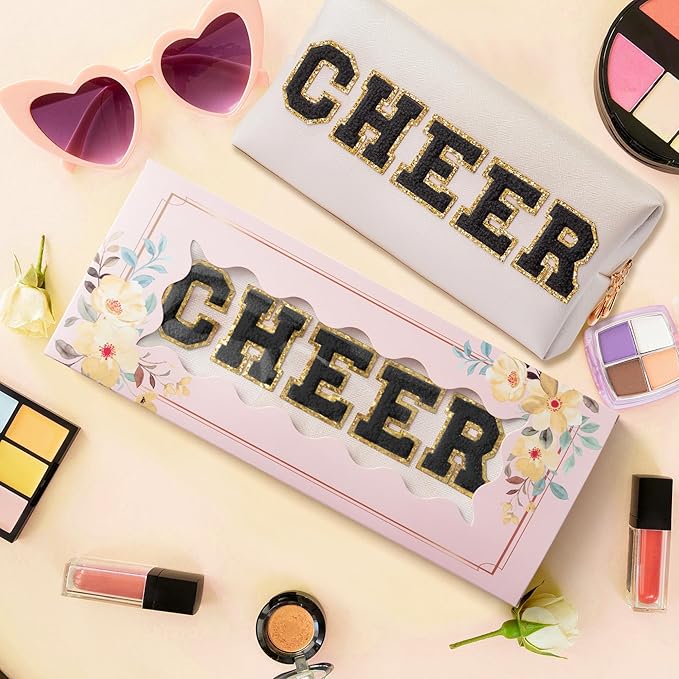 Y1tvei CHEER Large Cosmetic Bag - Preppy Patch CHEER Black Chenille Letter Makeup Bag PU Leather Waterproof Portable Cheer Letter Toiletry Pouch Travel Organizer for Cheerleader Girl (Shell Gold)