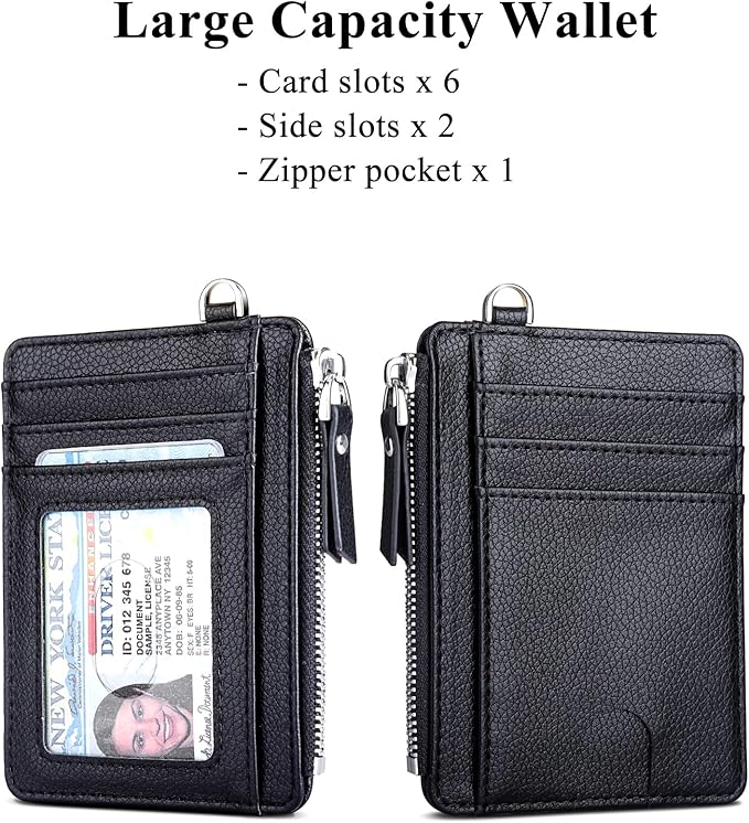 Teskyer Slim Card Holder Wallet with Zip Pocket, RFID Blocking, Total 9 Compartments Large Capacity, 3.5" x 4.7" (Slight Larger Than Usual), Faux Leather - Black