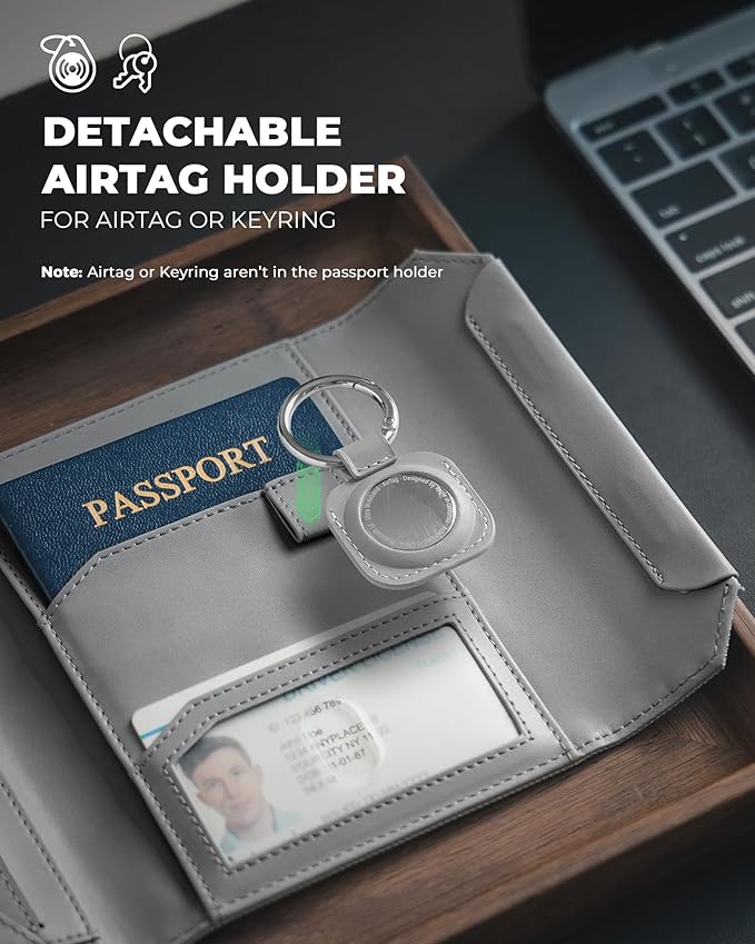 VULKIT Passport Wallet with Detachable AirTag Holder, Vegan Leather Passport Holder, RFID Blocking, Travel Essential, Magnetic Closure, Grey