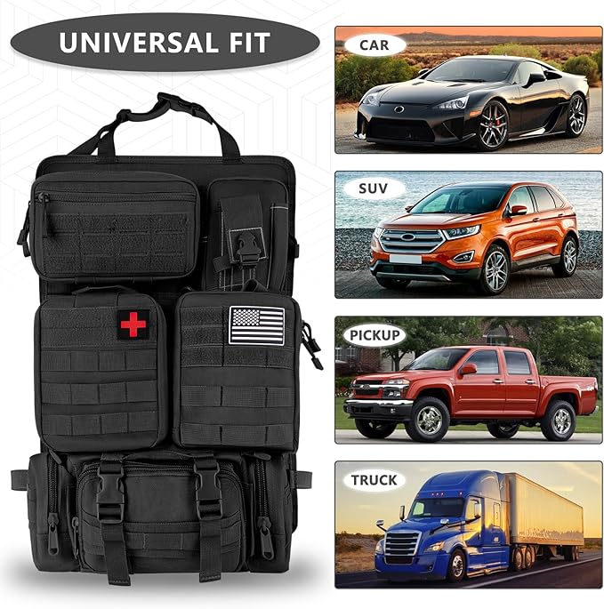 Tactical Car Seat Back Organizer Bag - Tactical Molle Vehicle Organizers Panel with 5 Detachable Pouches for Car Truck Ford Jeep Vehicle (Black Regular)