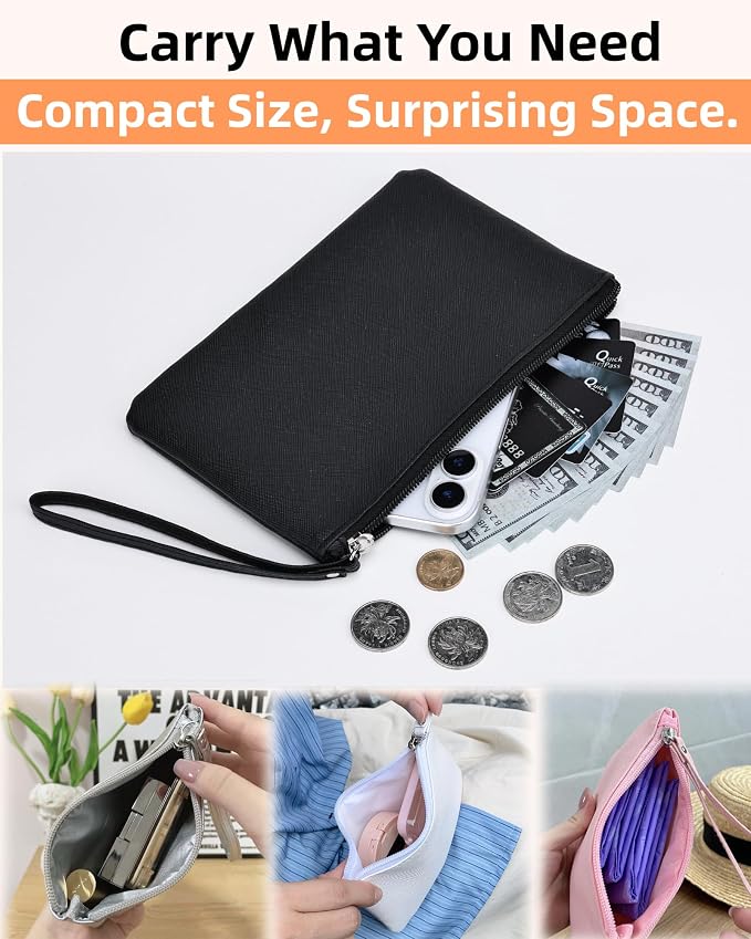Small Makeup Bag for Purse Mini Cosmetic Pouch Zipper Little Wristlet, Tiny Make Up Organizer Lipstick Feminine Product Car Change Coin Holder for Women Handbags, 8 x 5 Clutch Phone Wallet,1 Black