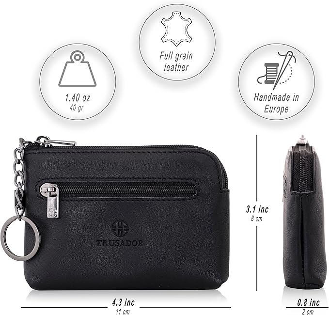 Trusador Milano Unisex Leather Front Pocket Wallet Coin Purse Zipper Pouch with Keychain (Black)