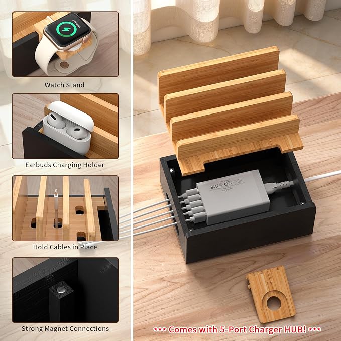 Pezin & Hulin Bamboo Charging Station for Multiple Devices with 5 Port USB Charger,5Cables,Smart Watch&Earbuds Stand, Desk Docking Stations Electronic Organizer for Cell Phone,Tablet (Natural + Black)