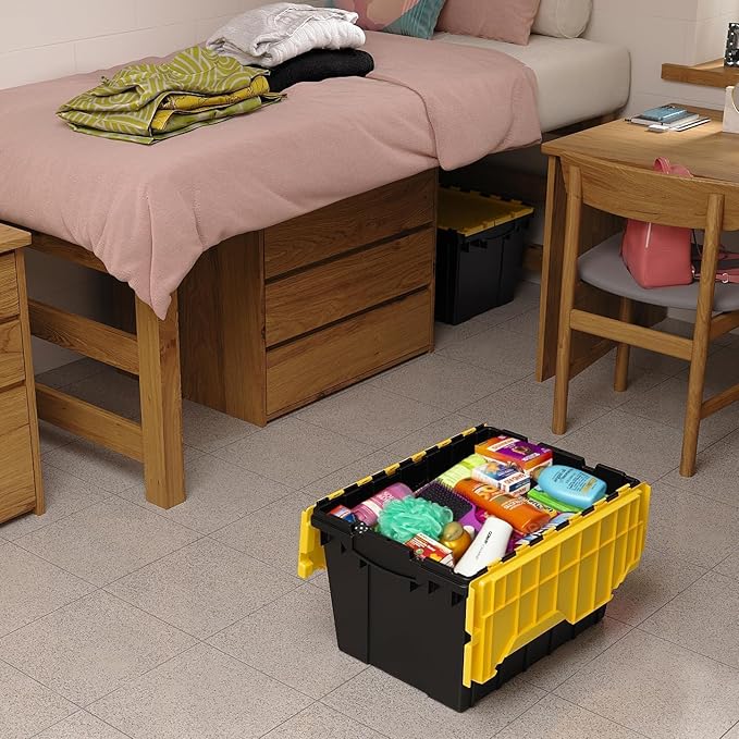 Akro-Mils KeepBox 12 Gallon Storage Container, Nesting and Stackable Plastic Storage Box with Lid Attached, Organizer Tote for Garages, Closets, Moving, 21-1/2" x 15" x 12-1/2", Black/Yellow, 6-Pack