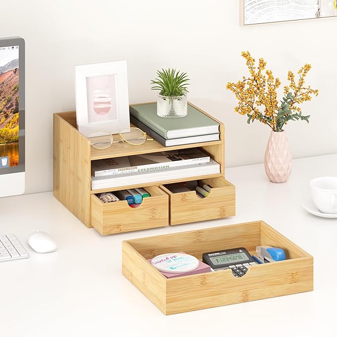 Wisuce Desk Organizer with Drawers - Bamboo Desktop Organizer Storage-Natural Wood Desk Drawers Organizer for Bills, Office Supplies, Cosmetics, Seals No Assembly Required (3 Drawers（top-bottom))