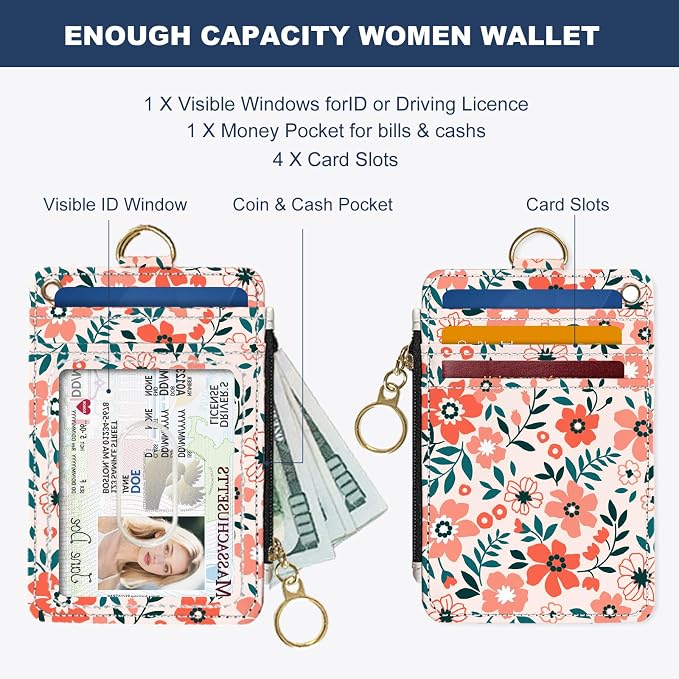 Slim Wallet Credit Card Holder, Orange Floral Print X, RFID Wallet Women Cute Small Front Pocket Wallet With Zipper, PU Leather Thin travel RFID Blocking Card Case ID Window,Ladies Gifts