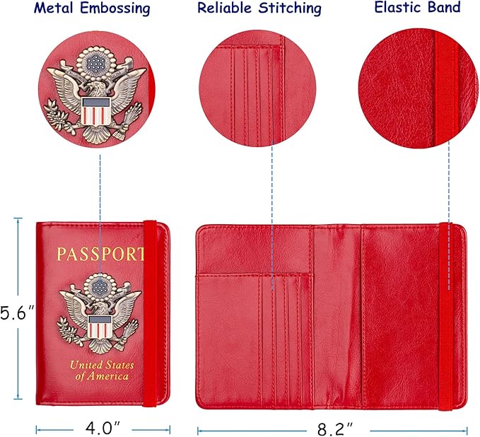 TOURSUIT Rfid Blocking Passport Holder for Women Men, Leather Passport Travel Wallet with 3D Metal Badge, Travel Document Holder Cover Accessories (Red)