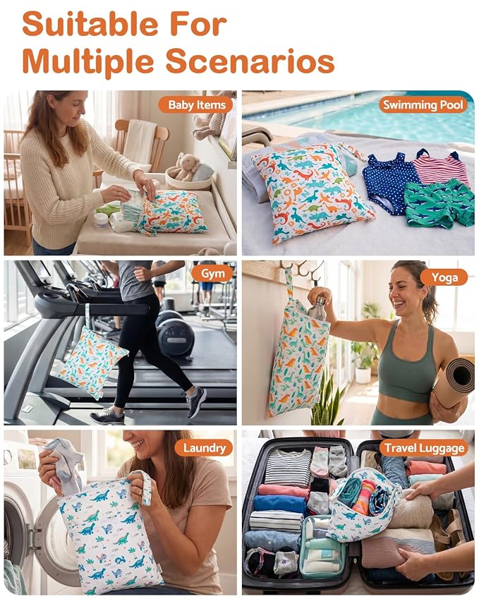 ALVA ALVABABY 3pcs Medium Cloth Diaper Wet Dry Bags Waterproof Reusable with Two Zippered Pockets Travel Beach Pool Daycare Soiled Baby Items Yoga Gym Bag for Swimsuits or Wet Clothes 3L-ZM39