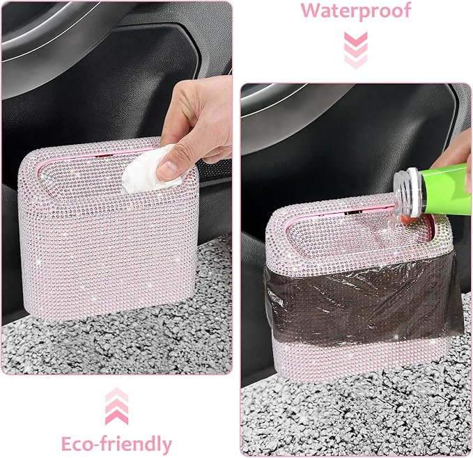Accmor Bling Car Trash Can with Lid, Leakproof Mini Vehicle Trash Bin Automotive Dustbin Organizer Storage, Sparkling Crystal Rhinestone Trash Bag Container with 30pcs Garbage Bags Car Accessories