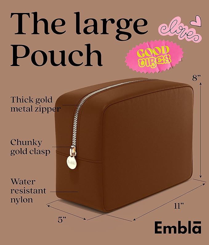 Embla Large Makeup Bag and Waterproof Nylon Travel Toiletry Bag, Large Capacity Cosmetic Zipper Pouch, Dark Brown