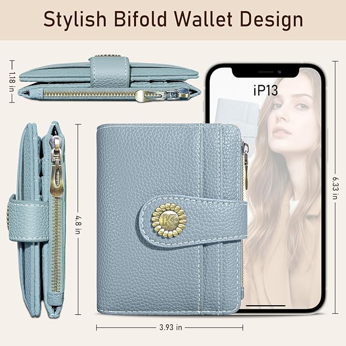Kelvoris Small Rfid Women Wallet Bifold Zipper Coin Pocket PU Leather Compact Cash Credit Card Holder Travel Wallet for Female Ladies Teen Girls 1 ID Window 10 Card Slots Blue