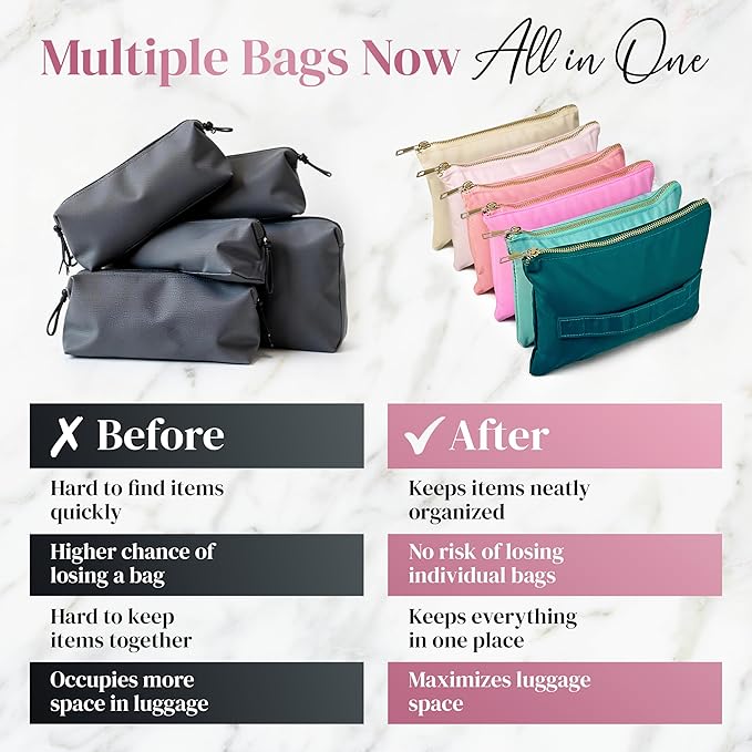 BOBBIE Accordion Travel Makeup Bag, Large Capacity Cosmetic Bags for Women, Durable & Compact Make up Organizer, Lightweight & Portable Zipper Pouch, Water-Resistant Toiletry Bag with 6 Compartments