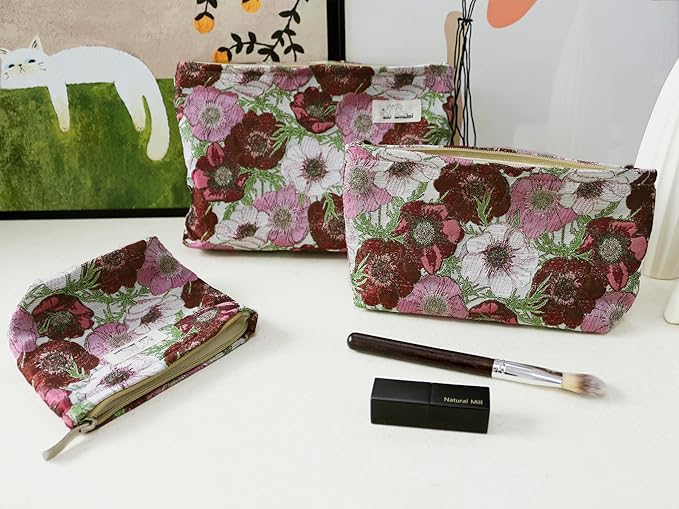 HAPPYHEIDI Makeup Bag Set 3 Cosmetic Toiletry Organizer Zipper Pouch for Purse Tote, Women Girls Gift, Large Medium Small, Red Floral Jacquard Polyester