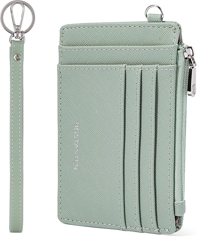 BOSTANTEN Small Wallet For Women RFID Leather Credit Card Holder Slim Wristlet Keychain Wallet With Zipper Pocket Light Green