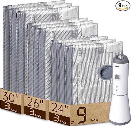 Vacbird 9 Pack Vacuum Bags for Travel with Rechargeable air Pump, Carry-on Size Vacuum Seal Bags for Luggage and Suitcase Compression, Space Saver for Clothes and Clothing Travel
