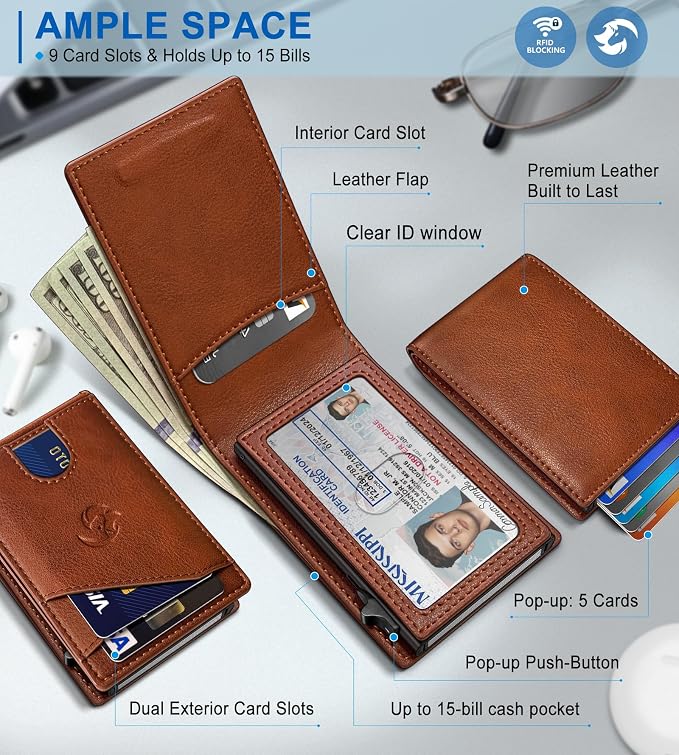 Wallet for Men, Slim Pop Up Card Holder with RFID Blocking, Minimalist Bifold Wallet with 9 Card Slots, ID Window and Cash Pocket, Metal Flip Case with Magnetic Closure, Gift Box