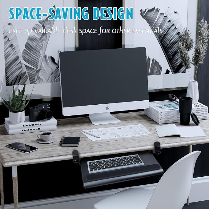EHO Large Ergonomic C-Clamp Keyboard Tray Mount Under Desk with Wrist Rest, Slide-Out Platform 27.5" (31.8" Including Clamps) x 12.5", Pull Out Keyboard & Mouse Tray for Home or Office, Black