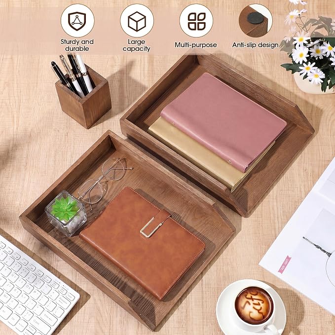 Nuanchu 2 Pcs Wooden Letter Trays with Pen Holder Wood Desk Organizer Set Heavy Duty 2 Tier Brown Stackable Supports Letter-Size Paper Tray Desktop Drawer Pen Magazine File Folder Office Accessories