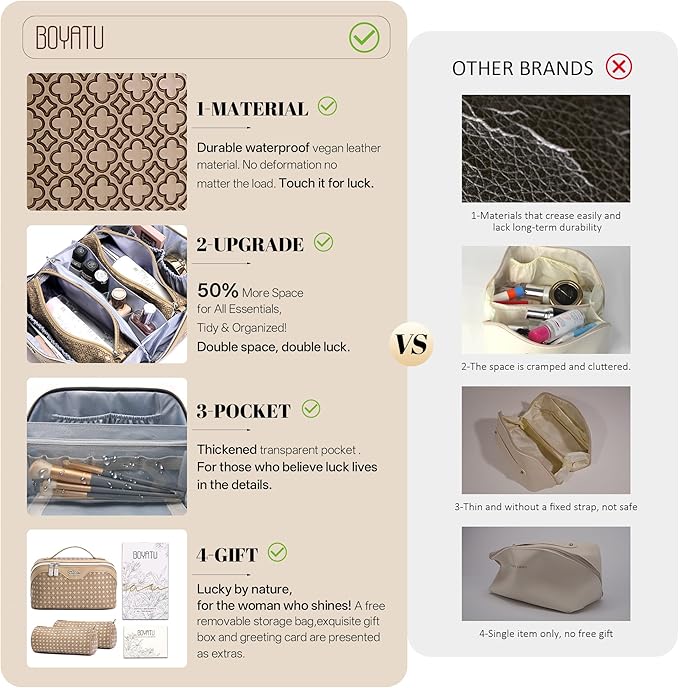 BOYATU Travel Makeup Bag for Women: Four Leaf Clover Large Capacity 3 Pcs Set Cosmetic Bags - Waterproof 50% Extra Space for Toiletry Organizer - Travel Essentials for Fortunate (05 Brown)