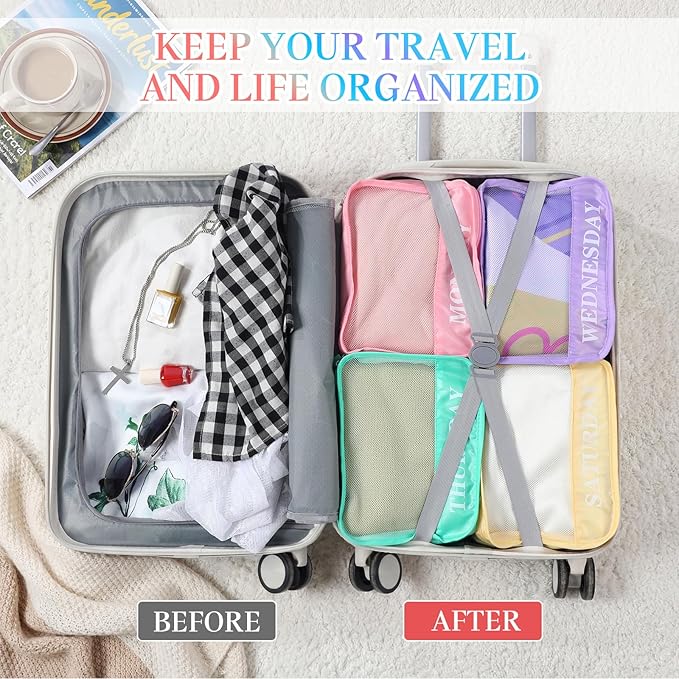 Days of Week Packing Cubes Weekly Organizer Travel Storage Bag School Clothes for Kids Summer Camp Family(9x7x3inch,Macaron,15)