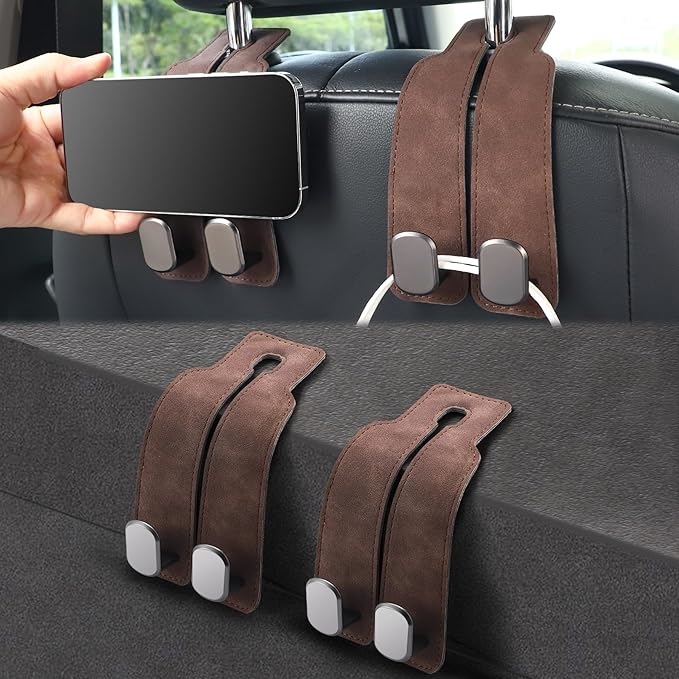 LivTee Headrest Purse Hook for Car, Seat Hook Hangers Storage Organizer for Bags and Coats Holder, Upgrade Leather Double Hook and Mobile Phone Holder for Universal Vehicle Car Accessories(Brown-2PCS)
