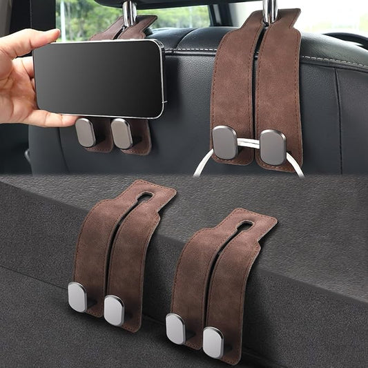 LivTee Headrest Purse Hook for Car, Seat Hook Hangers Storage Organizer for Bags and Coats Holder, Upgrade Leather Double Hook and Mobile Phone Holder for Universal Vehicle Car Accessories(Brown-2PCS)