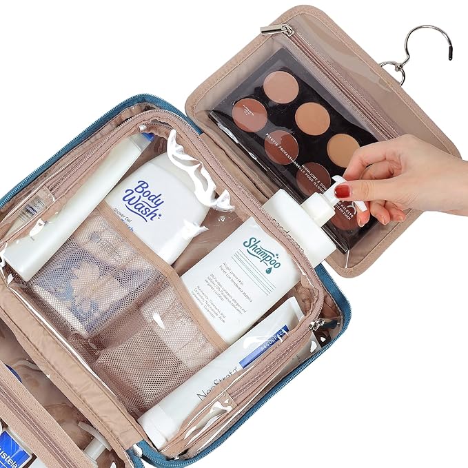 NISHEL Travel Toiletry Bag for Women, Makeup Essentials Organizer, Hanging Case for Accessories, Cosmetics, Large Size, Lake-Blue