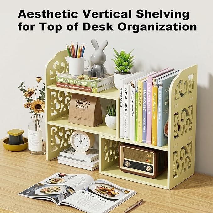 YGYQZ Adjustable Desktop Organizer Shelf – Space-Saving Desk Shelves & Desktop Bookshelf for Office, Home & Dorm – Sturdy PVC Desk Book Organizer with Non-Slip Feet, Easy Assembly