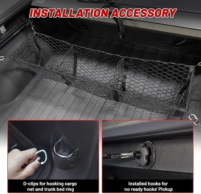 RED WOLF 3 Pocket Truck Bed Cargo Net for Toyota Ford Dodge GMC Chevy Silverado, Universal Pickup Mesh Storage Net 47.2" x 11.8" Stretchable Elastic Truck Bed Grocery Holder Net with 4 Ball Bungees
