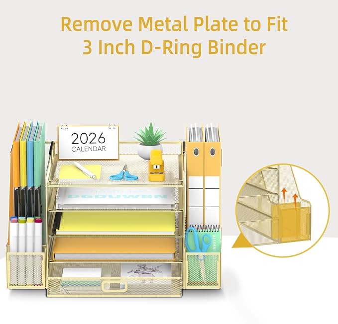 SUPEASY Mesh Desk Organizer with File Holder, 5-Tier Paper Letter Tray Organizer with Magazine Holder, Desktop Organizer and Storage with Drawer for Office Supplies Home or School (Golden)