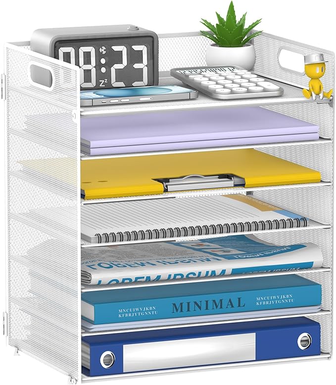 7 Tier Paper Organizer - Mesh Desktop File Holder with Handles for Office School Desk, Black (White)
