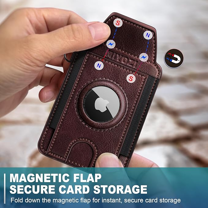 miyozi Ultra Slim AirTag Card Holder for Men - RFID Blocking Minimalist Wallet with Magnetic Flap, 0.25" Thin No Bulge Pocket Wallet, Holds 6-8 Cards with ID Window, Gift Boxed